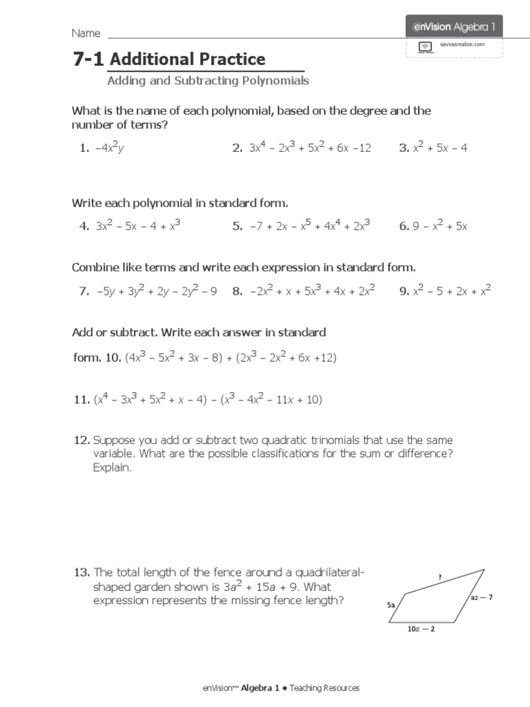 Adding And Subtracting Polynomials Worksheet With Answer Key Quiz