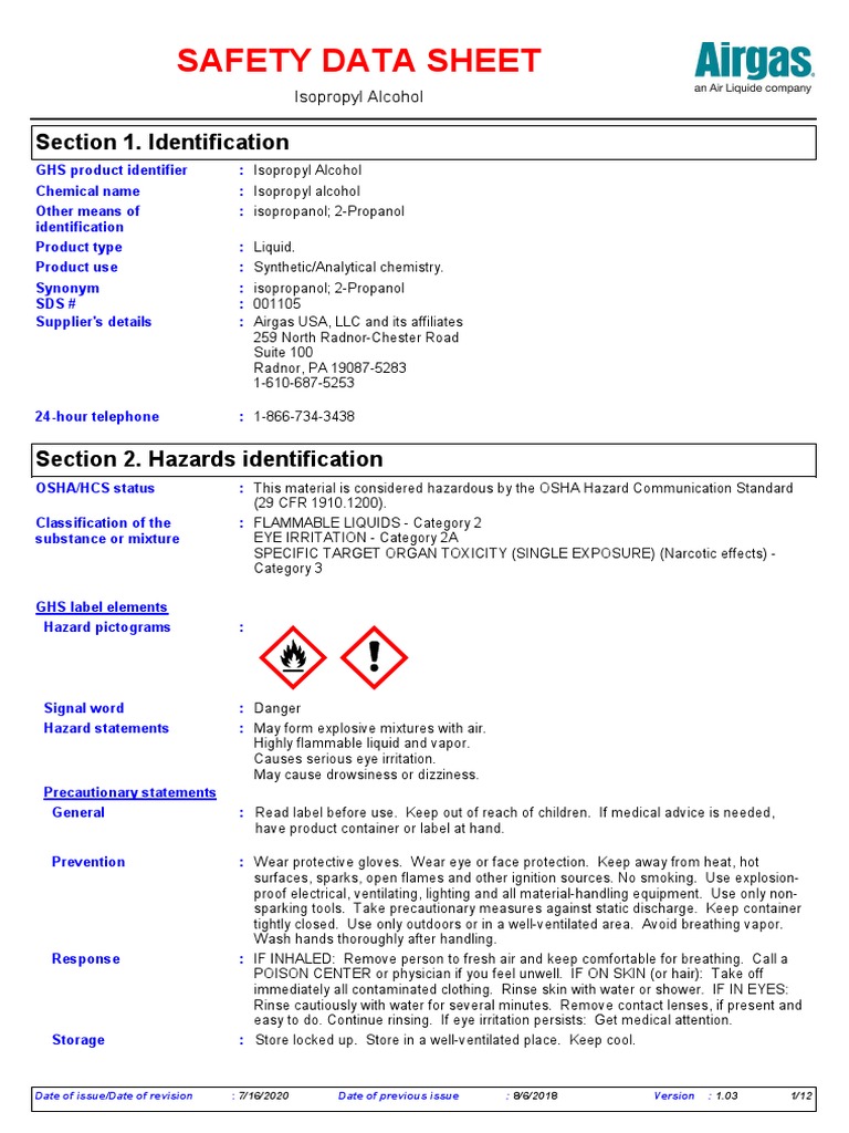 MSDS Isopropyl Alcohol PDF Toxicity Occupational Safety And Health