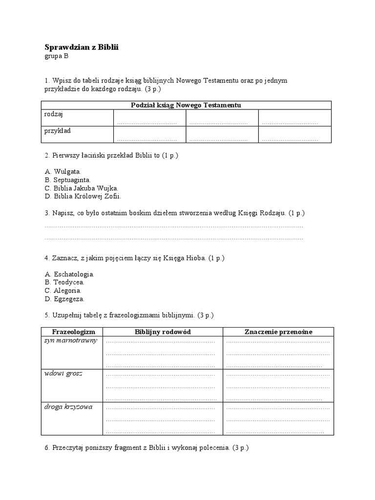 Biblia Test Klasa 1 Liceum