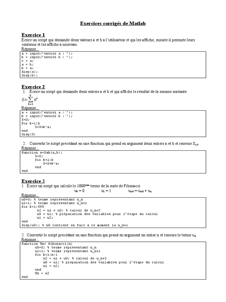 Exercices Corrigés de Matlab | PDF | Algorithmes | Enseignement des ...