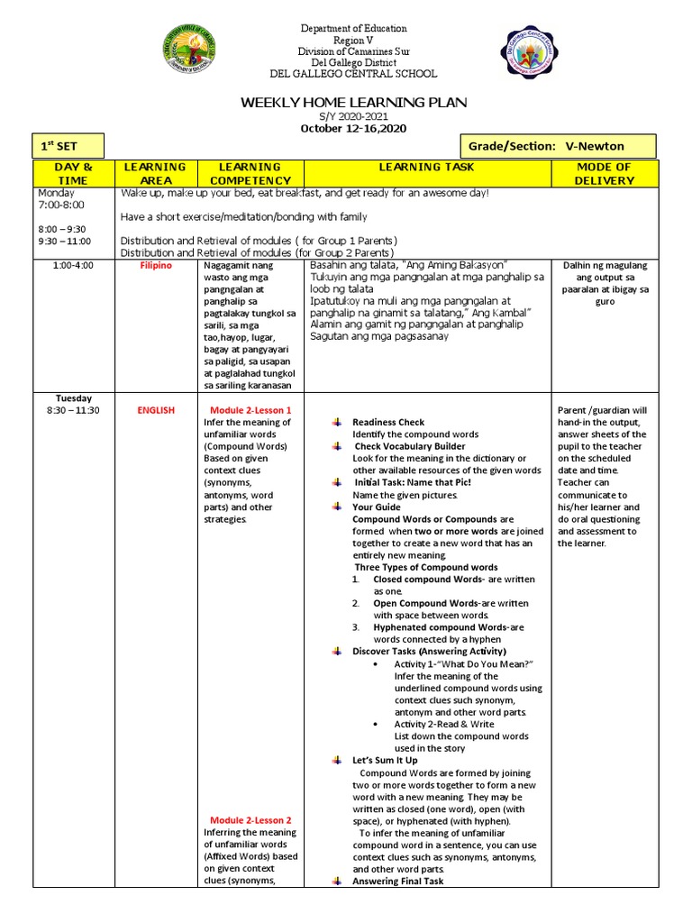 W2 Weekly Home Learning Plan Week 2 Grade 5 Download Free Pdf Word
