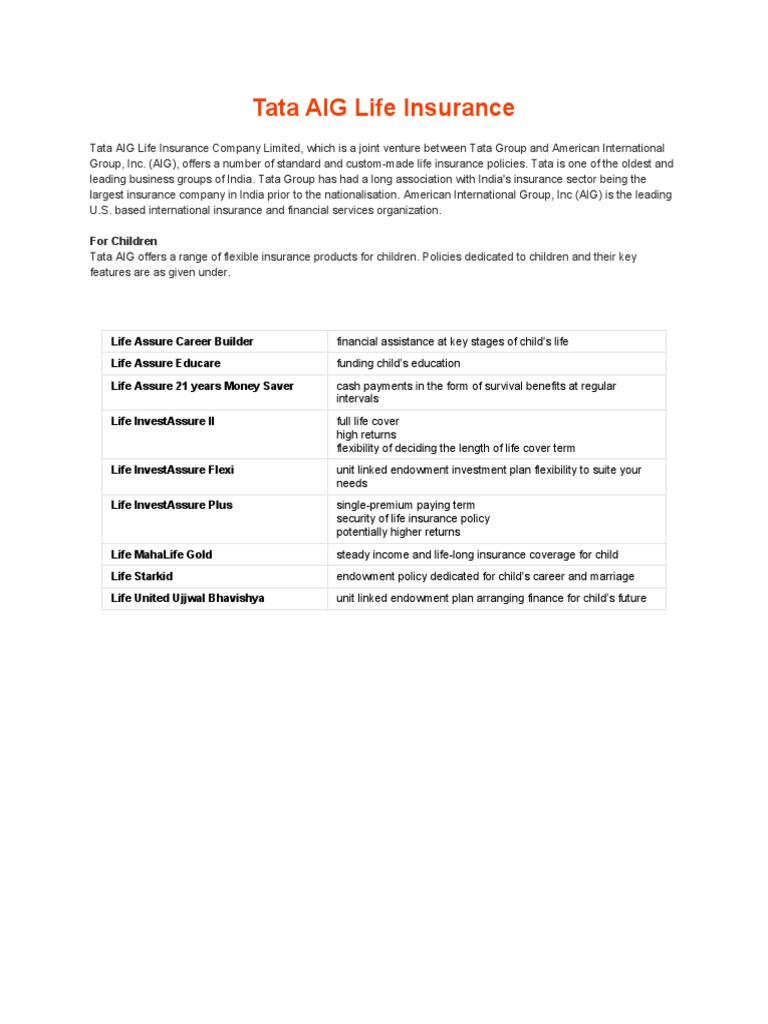 Tata AIG Life Insurance Plans Overview | PDF | Life Insurance | Insurance