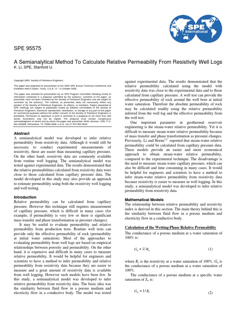 Relative Permeability from Resistivity Logs | PDF | Permeability (Earth ...