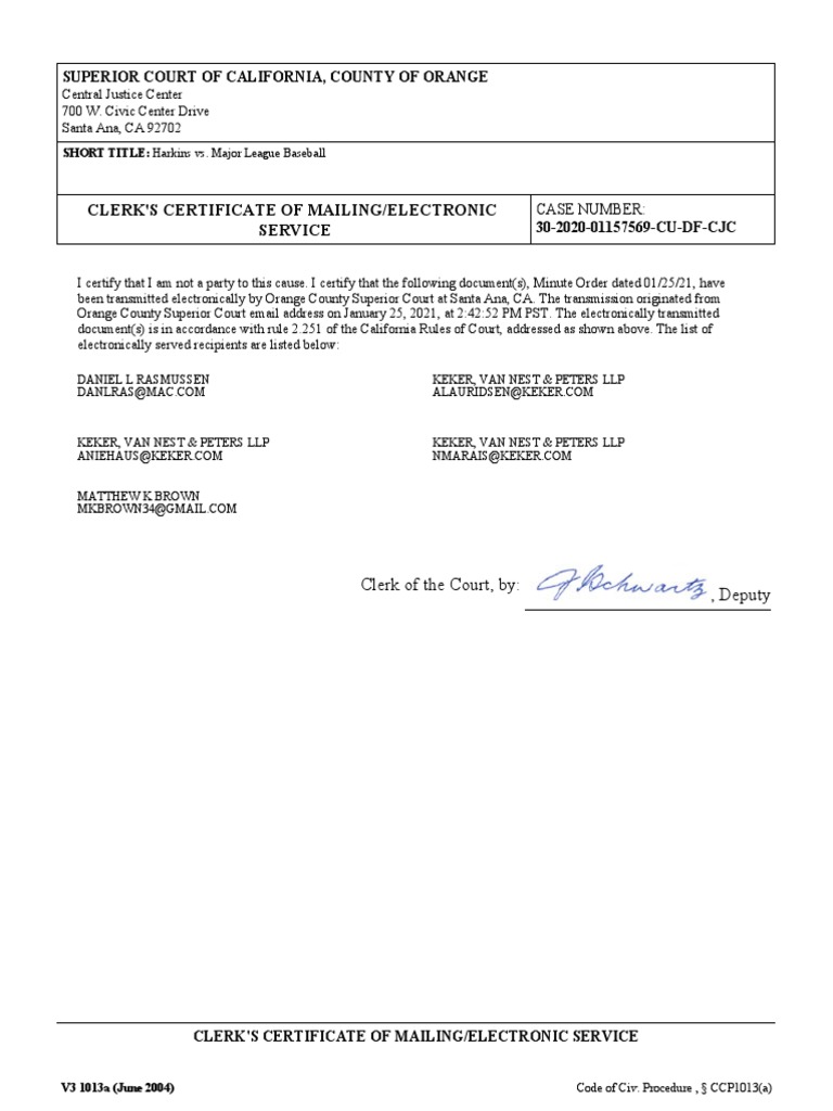 Clerk'S Certificate of Mailing/Electronic Service Superior Court of