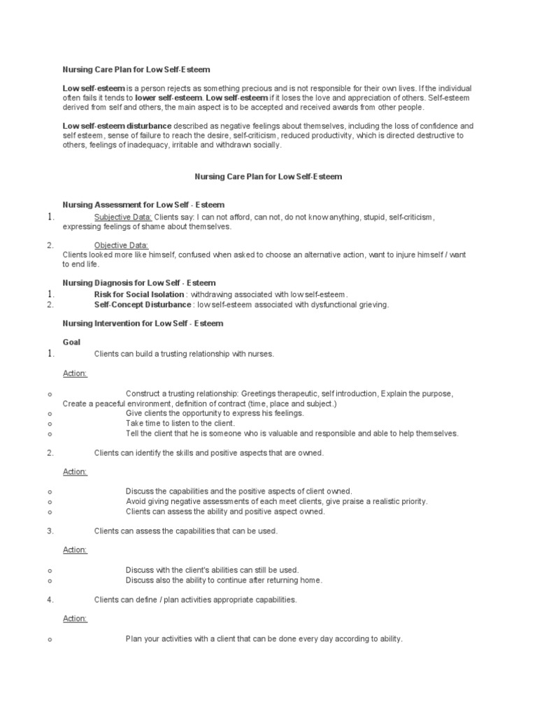 Nursing Care Plan for Low Self-Esteem | PDF | Self Concept | Self Esteem