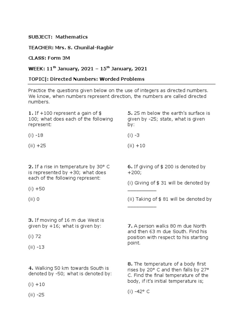 Directed Numbers - Worded Problems | PDF