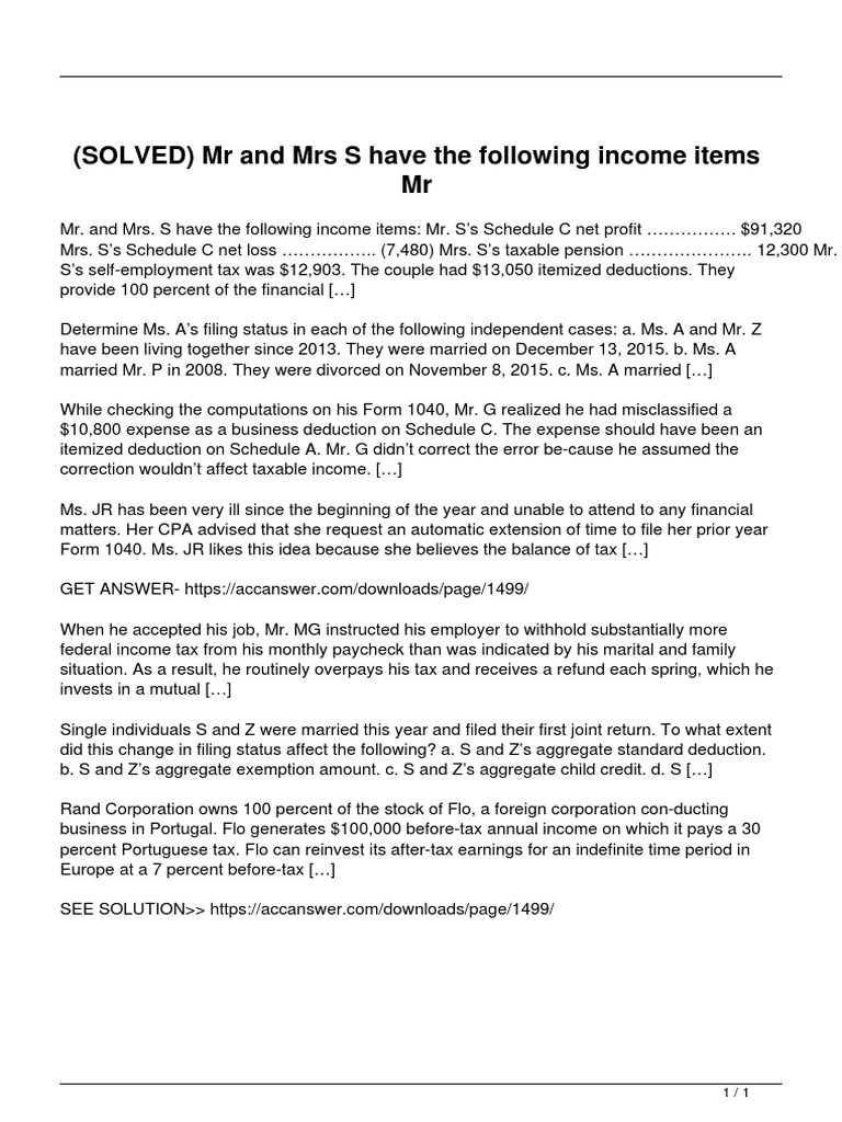 Solved MR and Mrs S Have The Following Income Items MR | PDF | Irs Tax ...