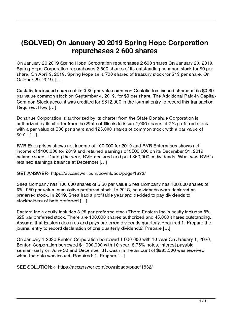 Solved On January 20 2019 Spring Hope Corporation Repurchases 2 600