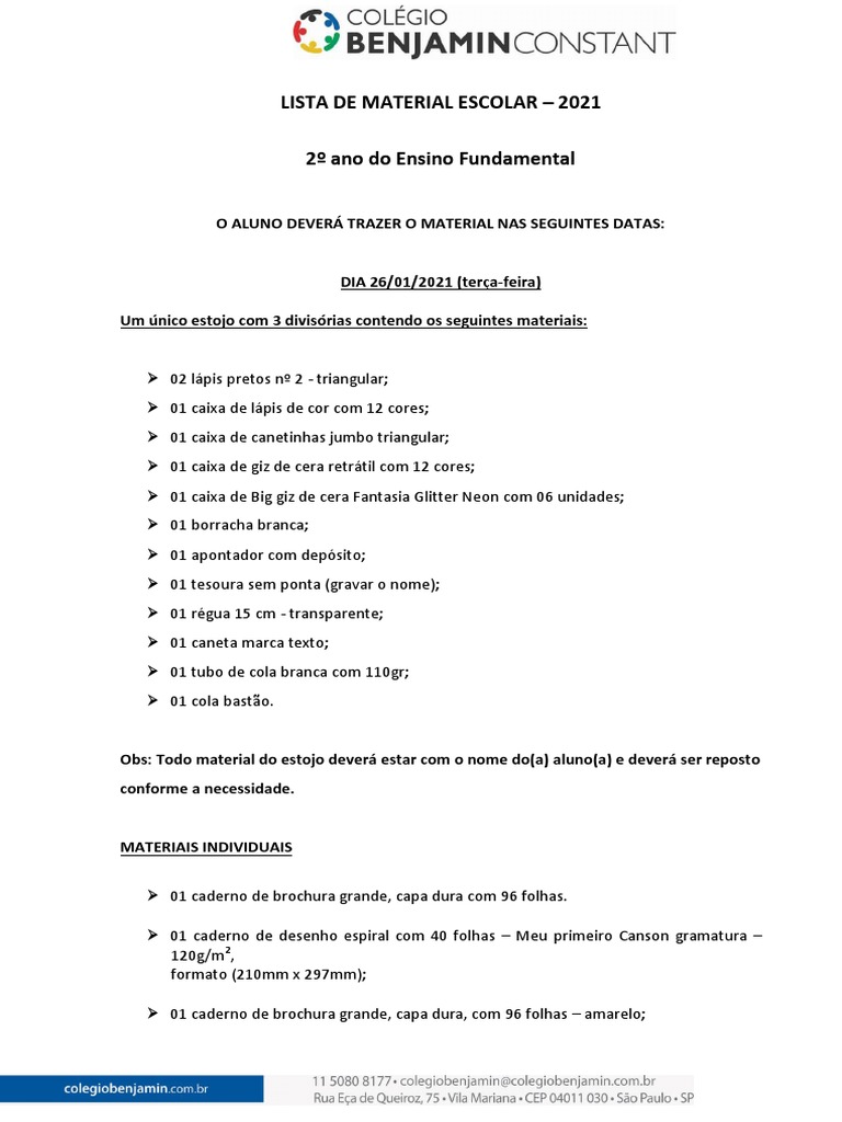 Lista de Material Escolar 2021 - 2º Ano | PDF | Escolas | Livros