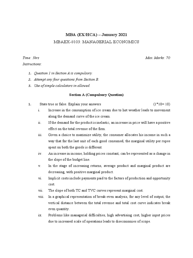 MBA Managerial Economics Exam Paper 2021 | PDF | Demand | Monopoly