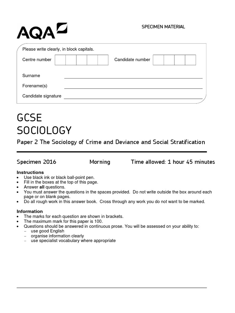 Gcse Sociology Paper 2 The Sociology of Crime and Deviance and Social Stratification PDF