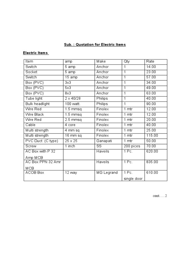 Electric Items Quotation and Pricing | PDF | Electric Power ...