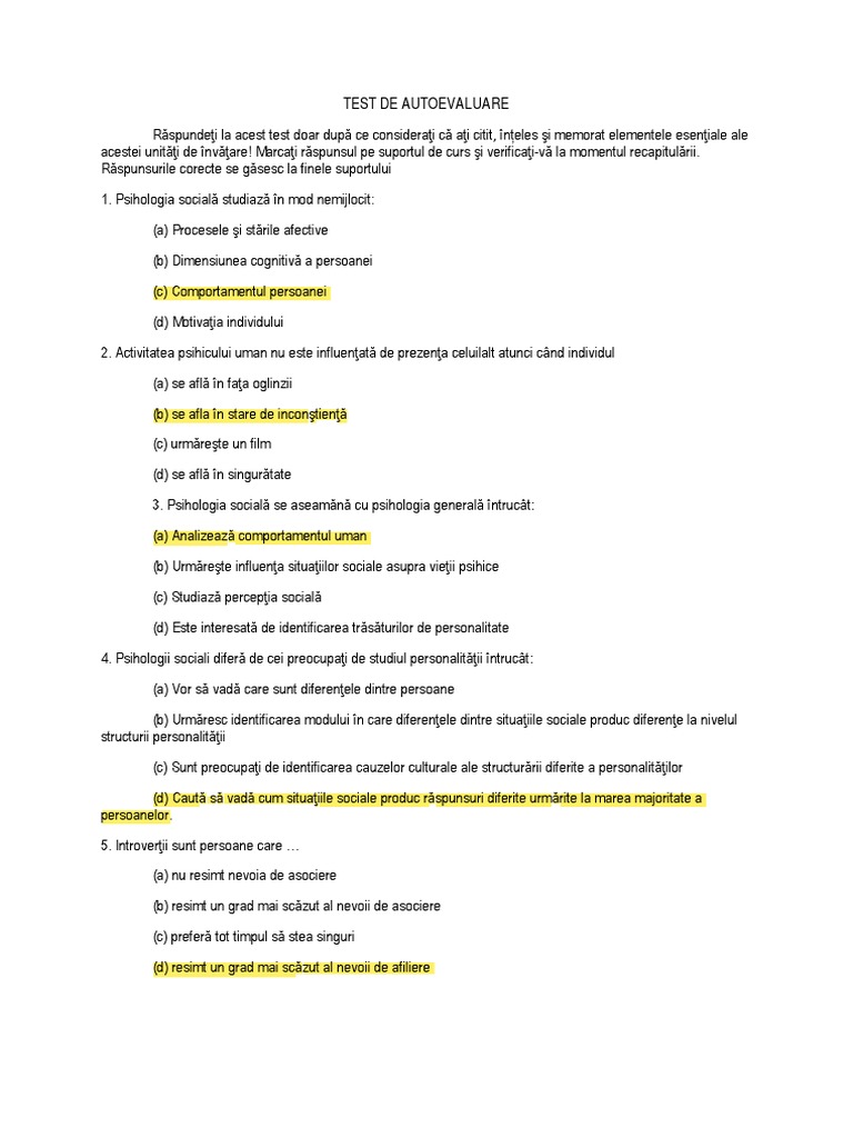 Test Autoevaluare PsihologieSociala | PDF