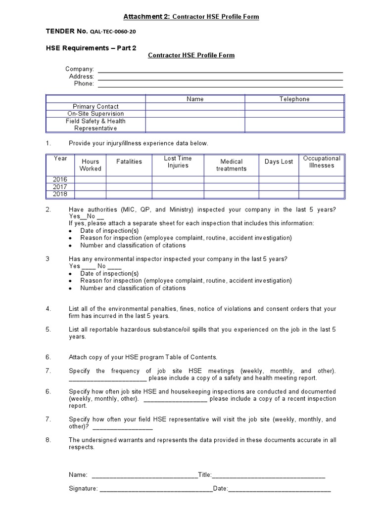 Contractor HSE Profile Evaluation Form | PDF | Occupational Safety And ...