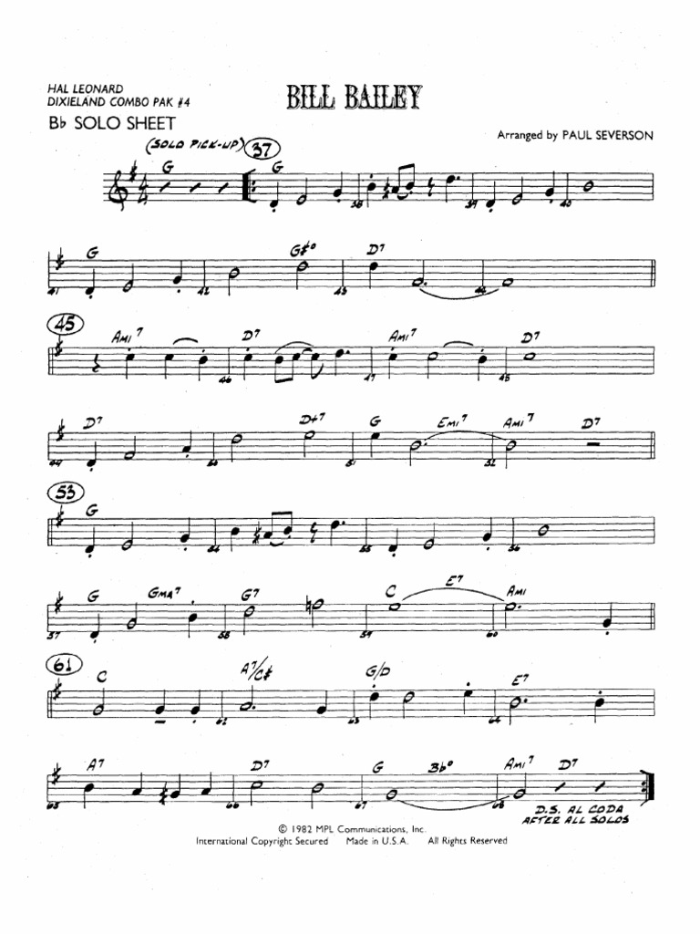 ボーカル　ビッグバンド譜面：BILL BAILEY BILL BAILEY in g Sheet Music with Chords for Piano (Solo) easy