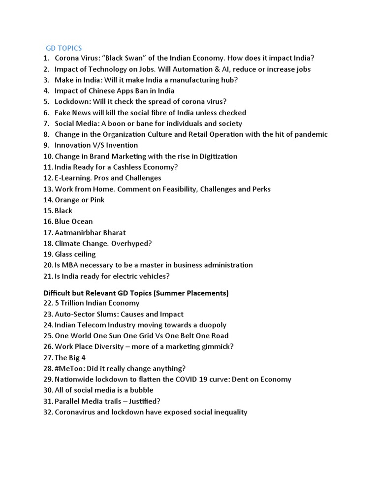 Difficult But Relevant GD Topics (Summer Placements) | PDF | Business