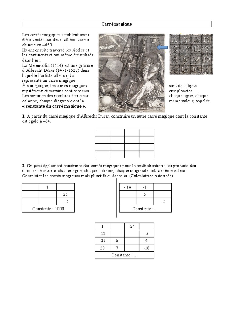Devoir Maison De Math 4eme Carré Magique Activité Carré Magique | PDF | Objets mathématiques | Enseignement des  mathématiques