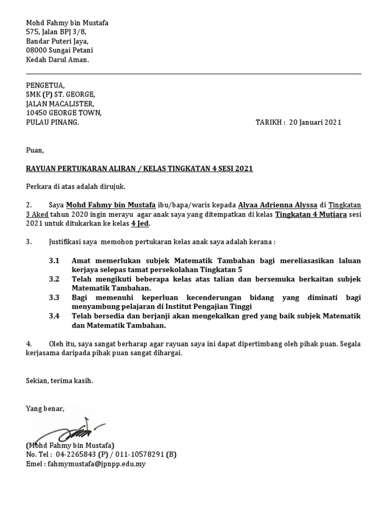 Surat Rayuan Pertukaran Aliran Atau Kelas Tingkatan 4 Sesi 2021 PDF