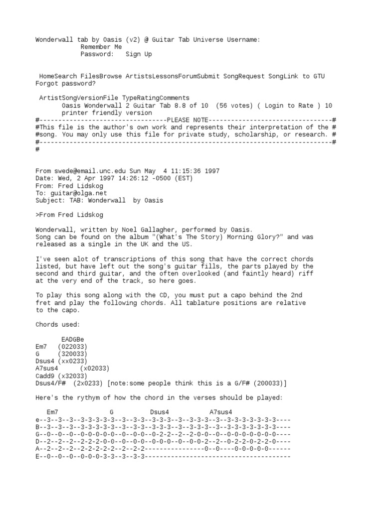 Wonderwall Tab by Oasis (v2) at Guitar Tab Universe | PDF | Song ...