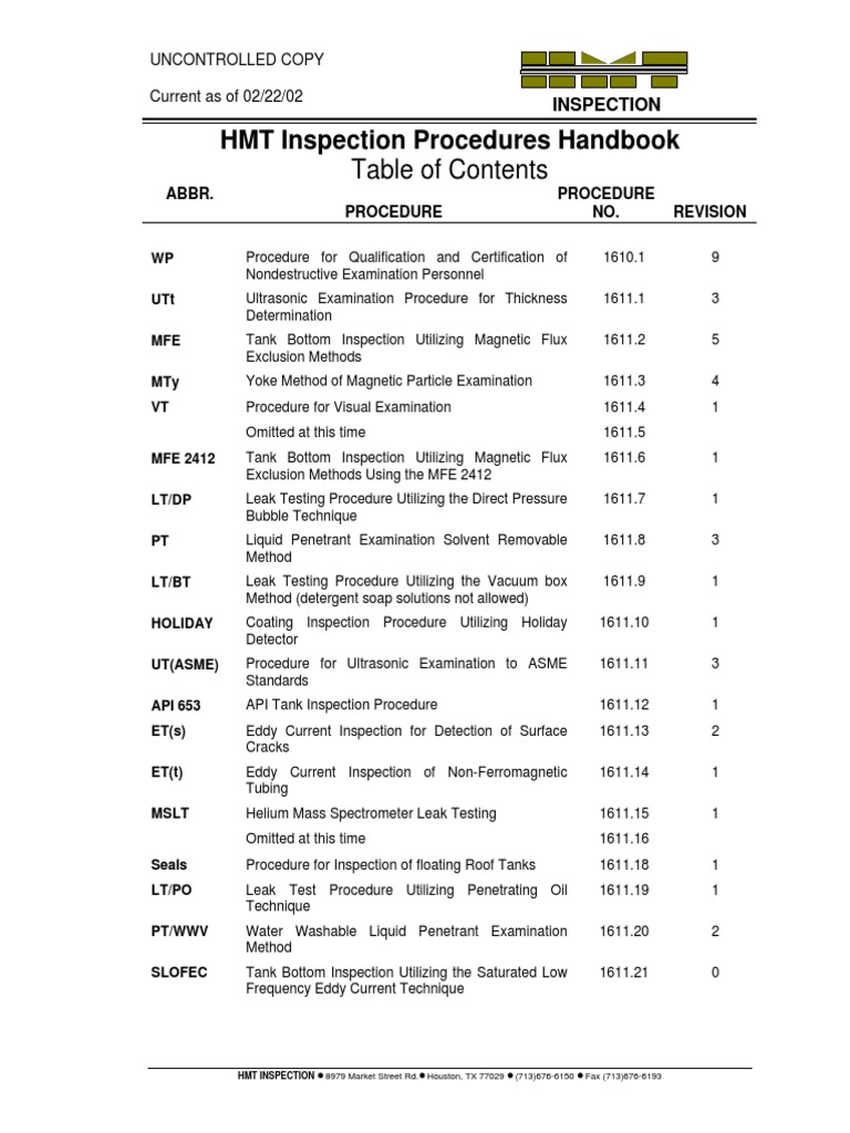 HMT Inspection Procedures Handbook | PDF | Nondestructive Testing ...