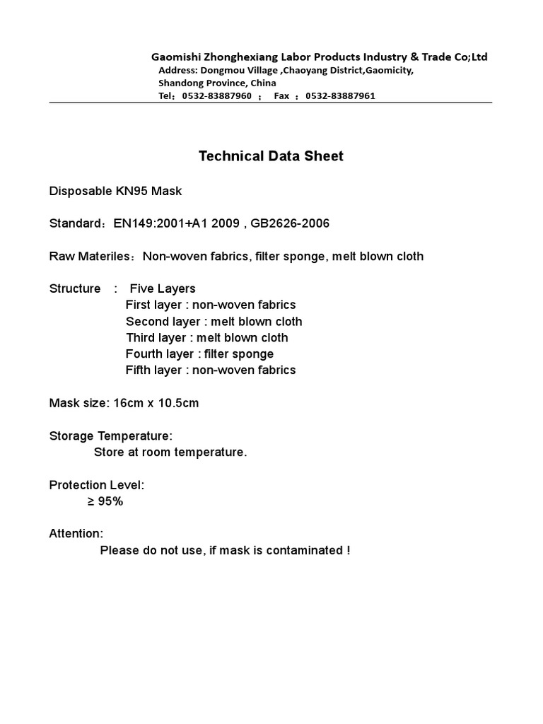 KN95 Disposable Mask Technical Data Sheet | PDF