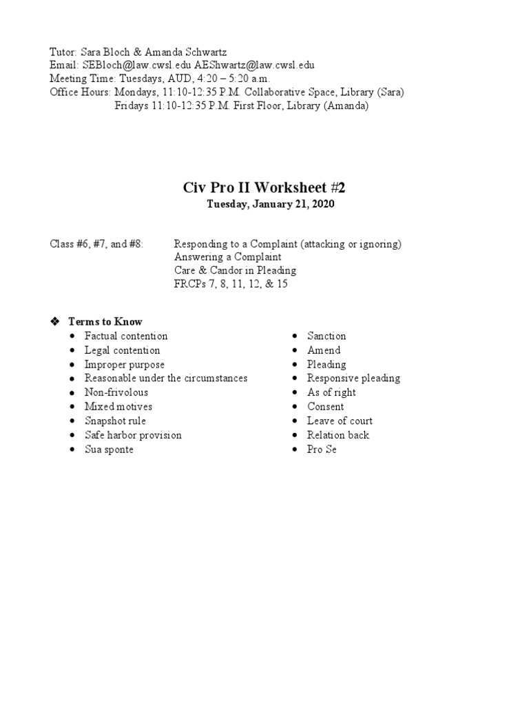 Civ Pro 2 Worksheet 2 | PDF | Pleading | Lawsuit