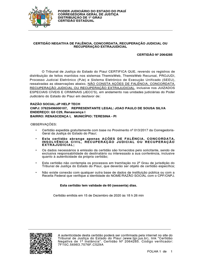 Certidao Concordata e Falencia | PDF | Falência | Estado