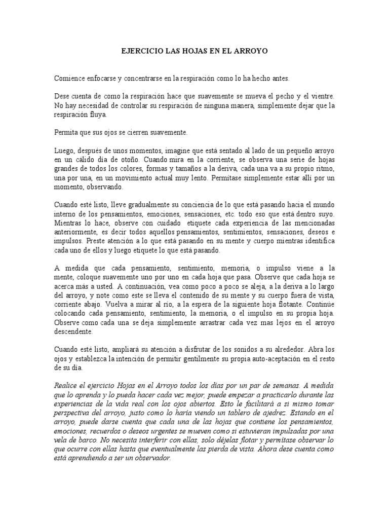 EJERCICIO LAS HOJAS EN EL ARROYO (Mindfulness y Defusión) PDF Mente