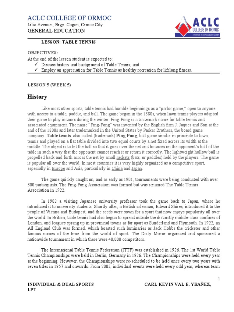 Individual & Dual Sport L5 | PDF | Table Tennis | Athletic Sports