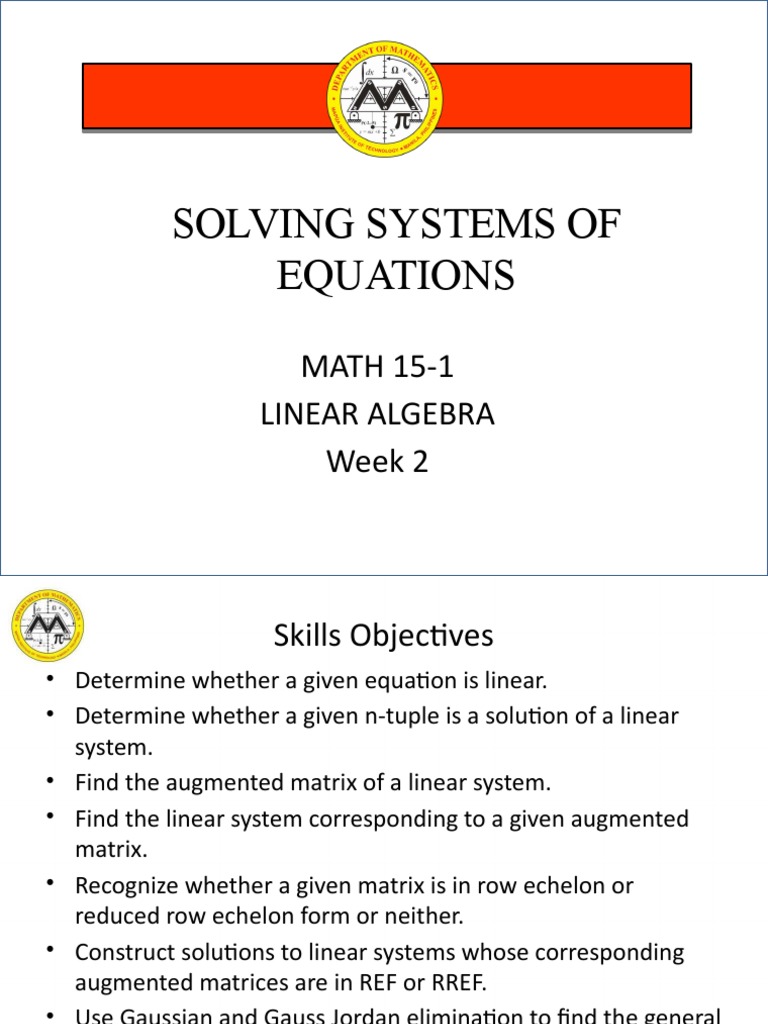 Solving Systems of Equations MATH 151 Linear Algebra Week 2 PDF System Of Linear Equations
