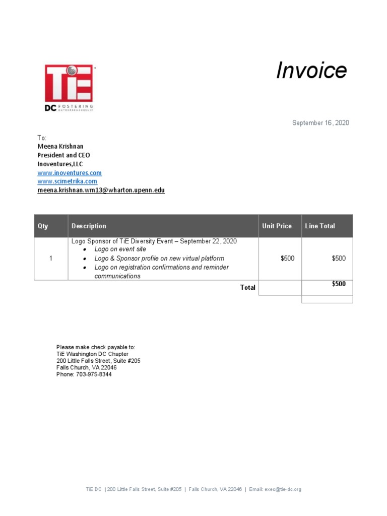 Inoventures LLC Invoice for TiE Event | PDF