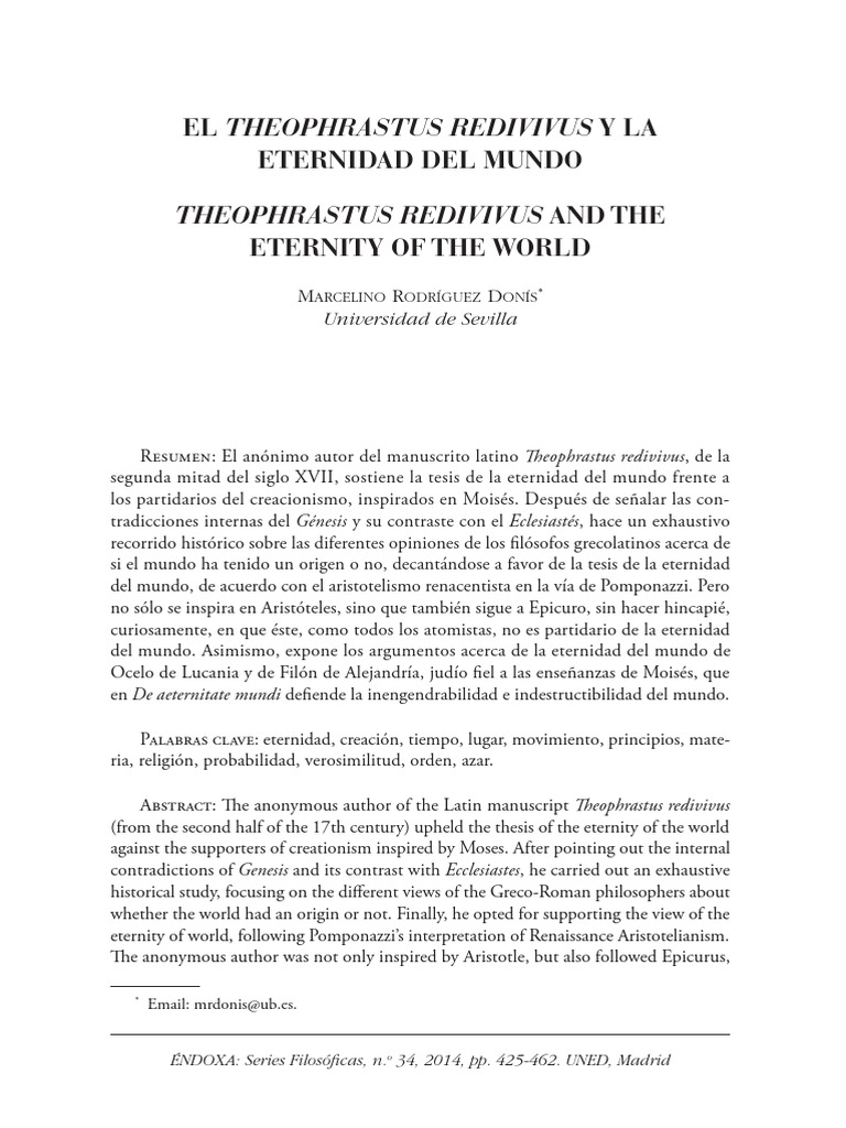 El Theophrastus Redivivus y La Eternidad Del Mundo PDF Ateísmo Platón