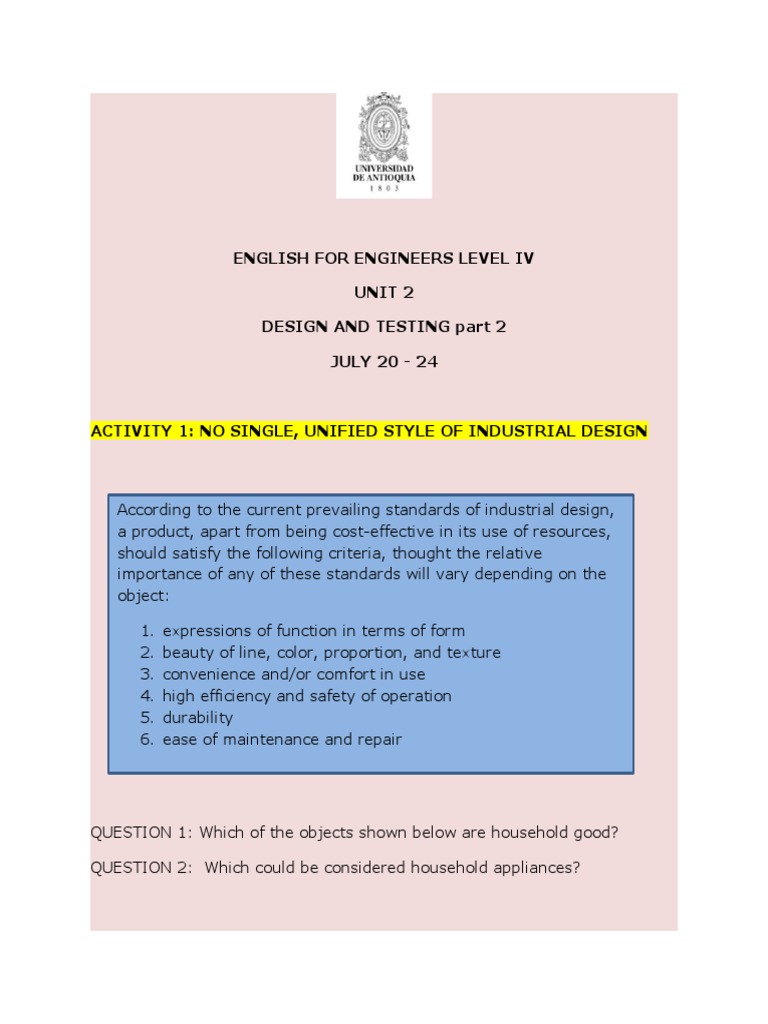 English For Engineers Level Iv Unit 2 Design and Testing Part 2 JULY 20 ...