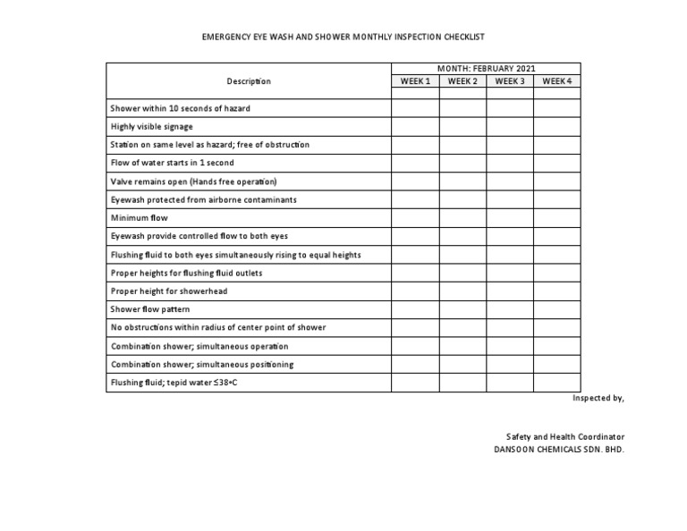 Emergency Shower Checklist PDF