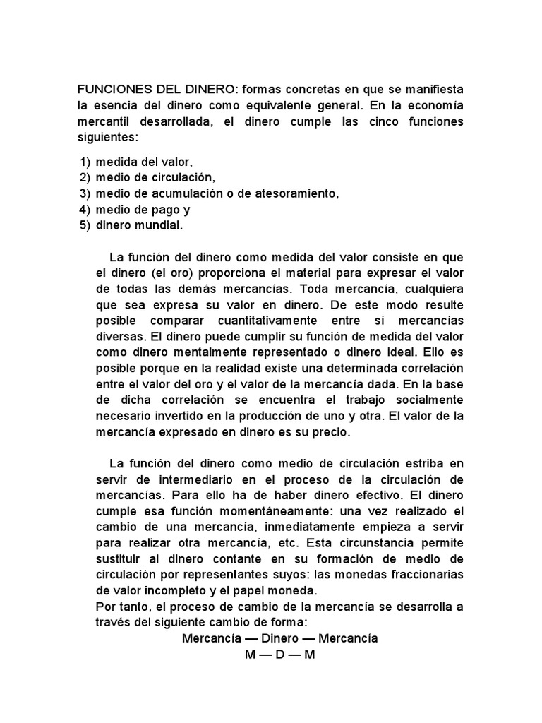 Funciones del Dinero en la Economía | PDF | Tesoro | Bienes