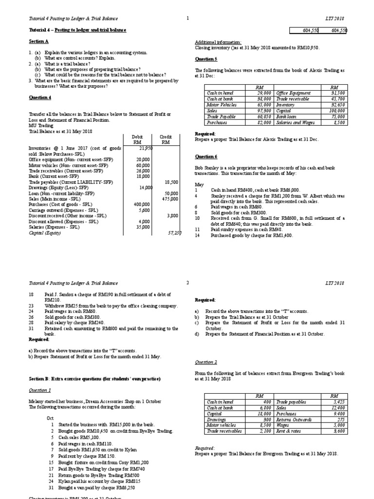 Tutorial 4 Posting To Ledger Trial Balance (Q) PDF Debits And