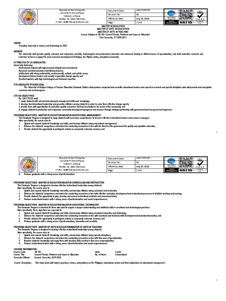 Ed 103 Syllabus: Trends in Education | PDF | Competence (Human ...
