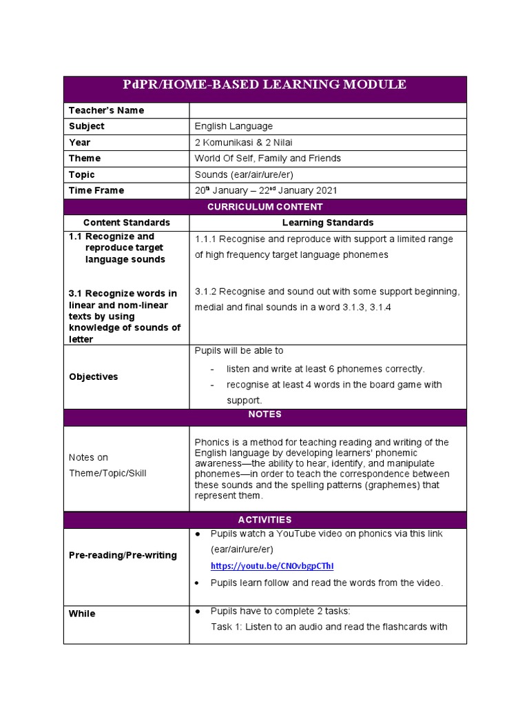 Year 1 Cefr English Language Pdpr Module Lp Pdf Phonics Human Communication