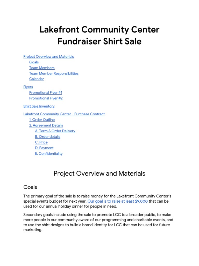 Lakefront community center fundraiser shirt sale project overview and