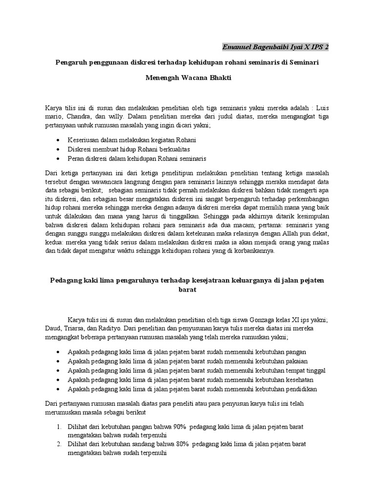 Pengaruh Penggunaan Diskresi Terhadap Kehidupan Rohani Seminaris Di 