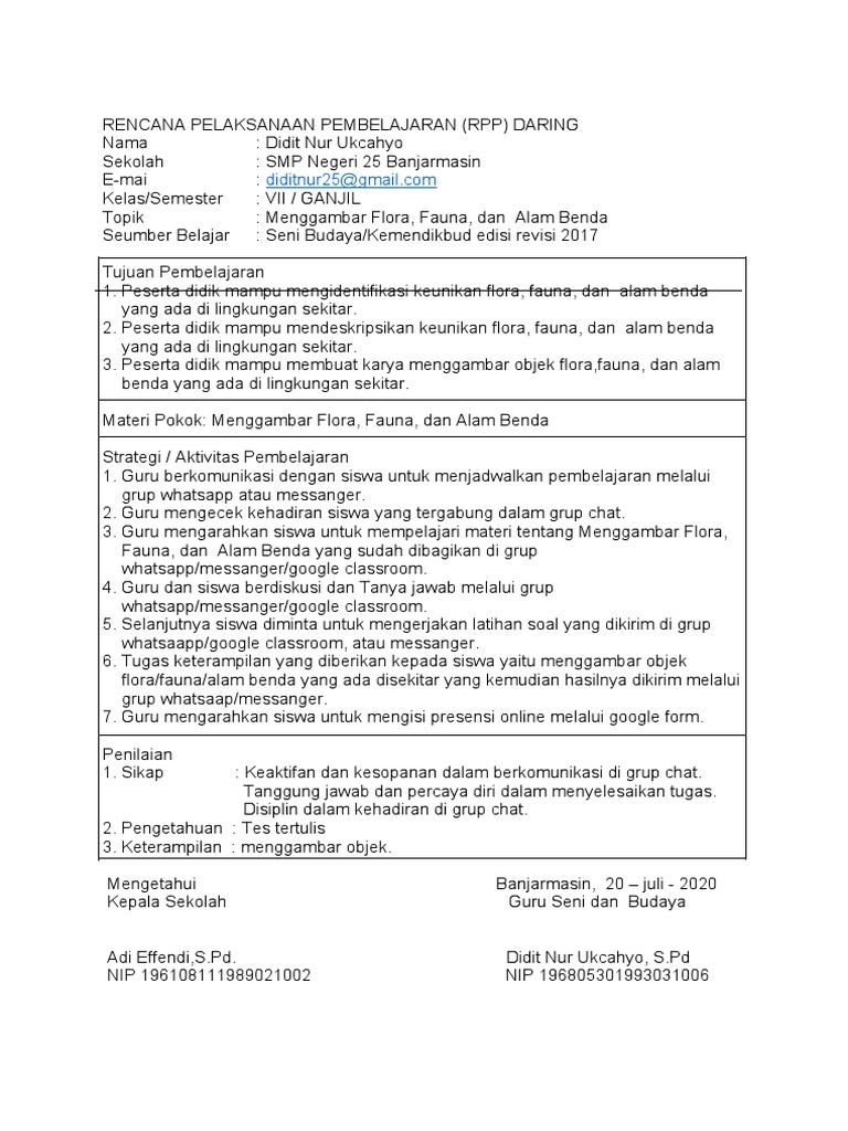 Contoh RPP (DARING) SENI Dan BUDAYA 1 Lembar PDF