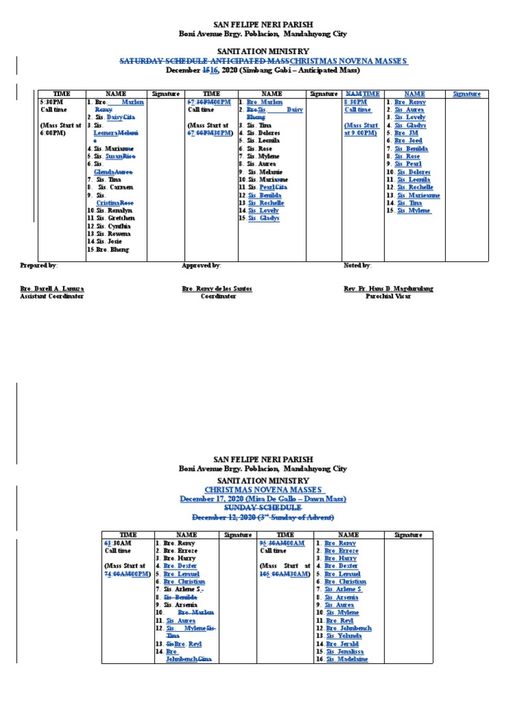 SAN FELIPE NERI PARISH Sanitation Ministry Schedule For December 16