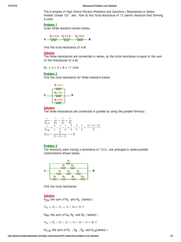 Resistances Problems and Solutions | PDF | Series And Parallel Circuits ...