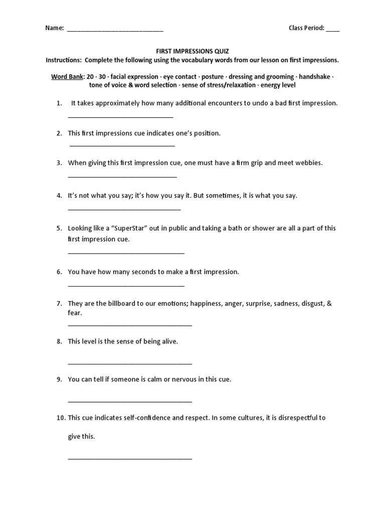 First Impressions Quiz Download Free PDF Facial Expression Emotions