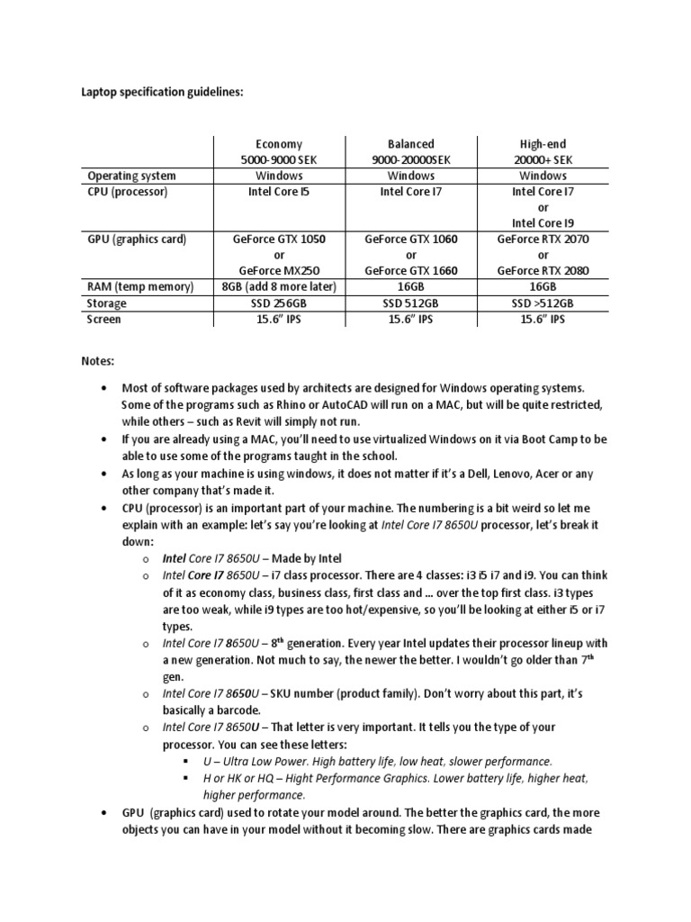 Laptop Specification Guidelines | PDF | Graphics Processing Unit | Intel