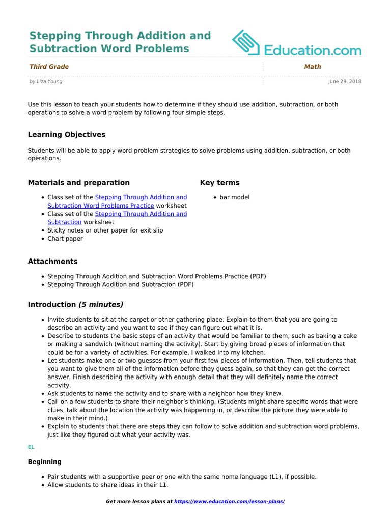 Stepping Through Addition and Subtraction Word Problems | PDF | Lesson ...
