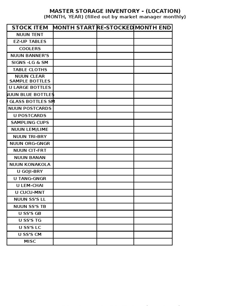 Storage Unit Inventory Sheets PDF
