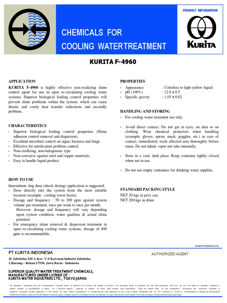 Chemicals For Cooling Watertreatment: KURITA F-4960 | PDF | Dose ...