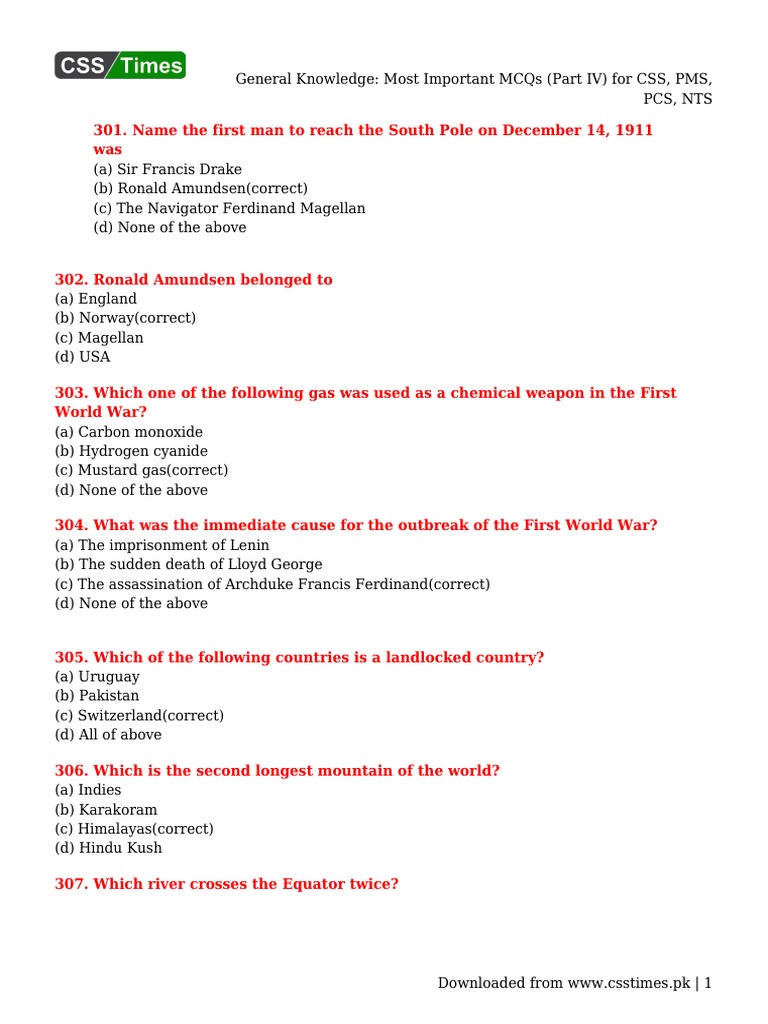 General Knowledge - Most Important MCQs (Part IV) For CSS, PMS, PCS ...