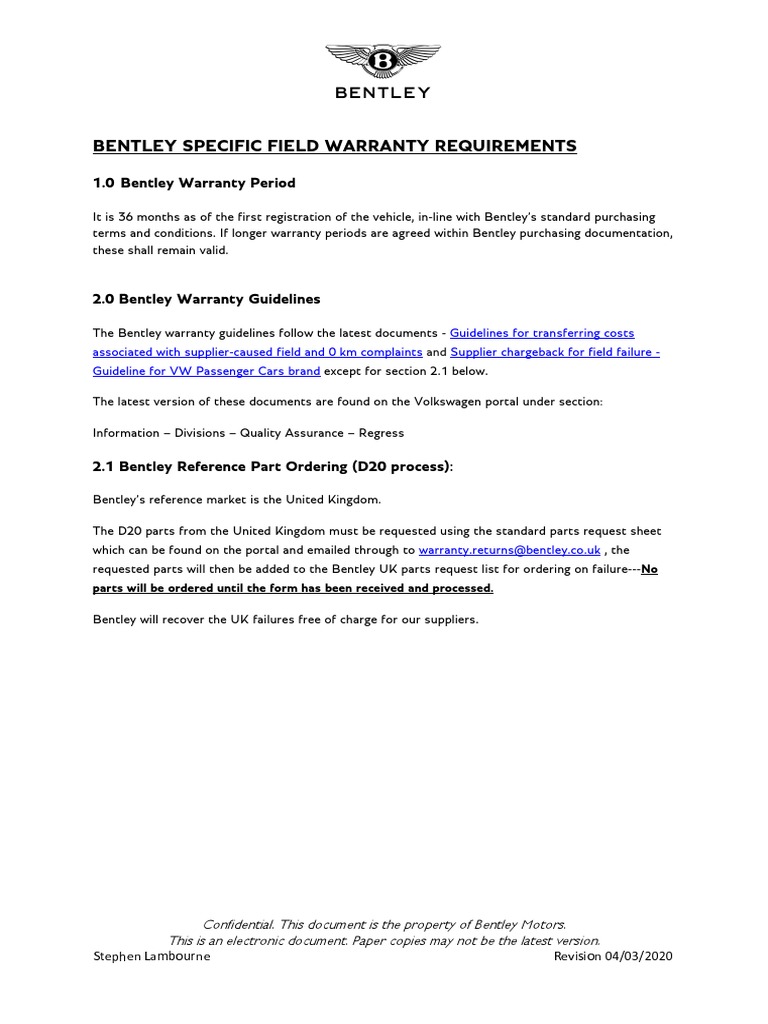 Bentley Specific Field Warranty Requirements PDF